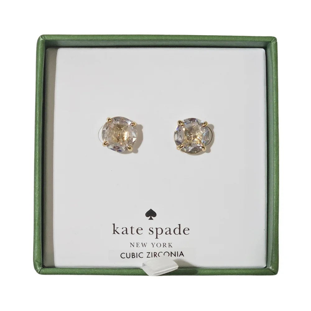 Kate Spade Round Stud Earrings Clear Gold Tone CZ Gift Box Valentine's Day Gifts